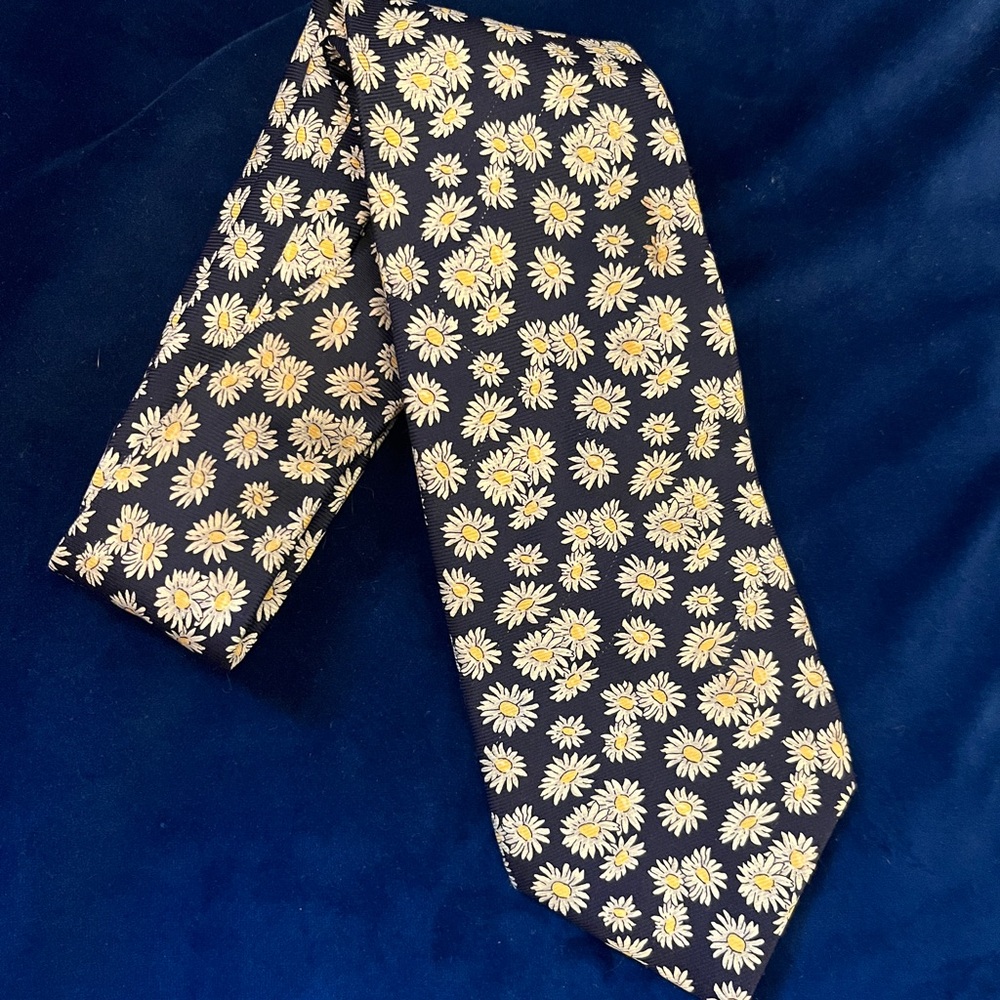 Faconnable Daisy Print Navy Tie 100% Silk Hand Made in France